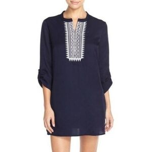 Mott 50 UPF Tunic XSmall Navy White Embroidery Swim Cover Up